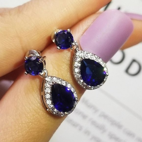 NEW SILVER BLUE SAPPHIRE EARRINGS - Picture 2 of 3